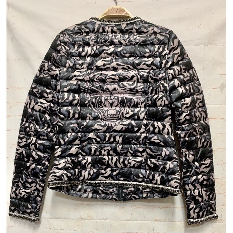 ED HARDY 黑灰豹紋爆裂花紋 羽絨鴨絨外套XS號
