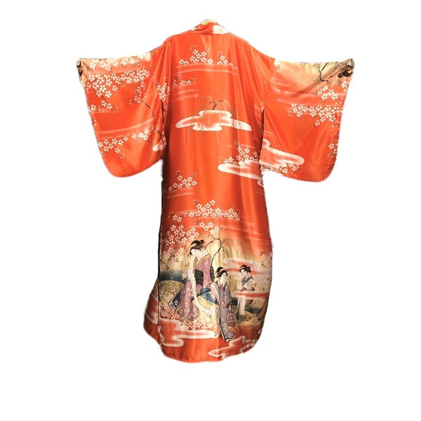 日式和服 浴衣 長版 緞面 復古 寫真攝影 均碼 附腰封 蝴蝶結 足袋