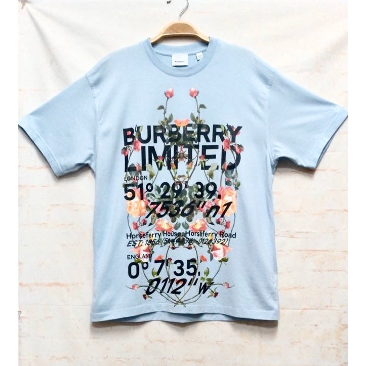 BURBERRY 8037468 淡藍黑字logo花朵 棉T 保證正品