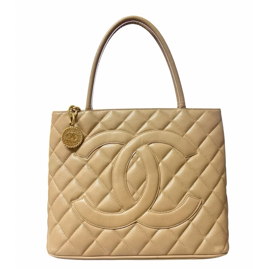 CHANEL 杏色 荔枝紋 牛皮 金幣包 手提包 保證正品