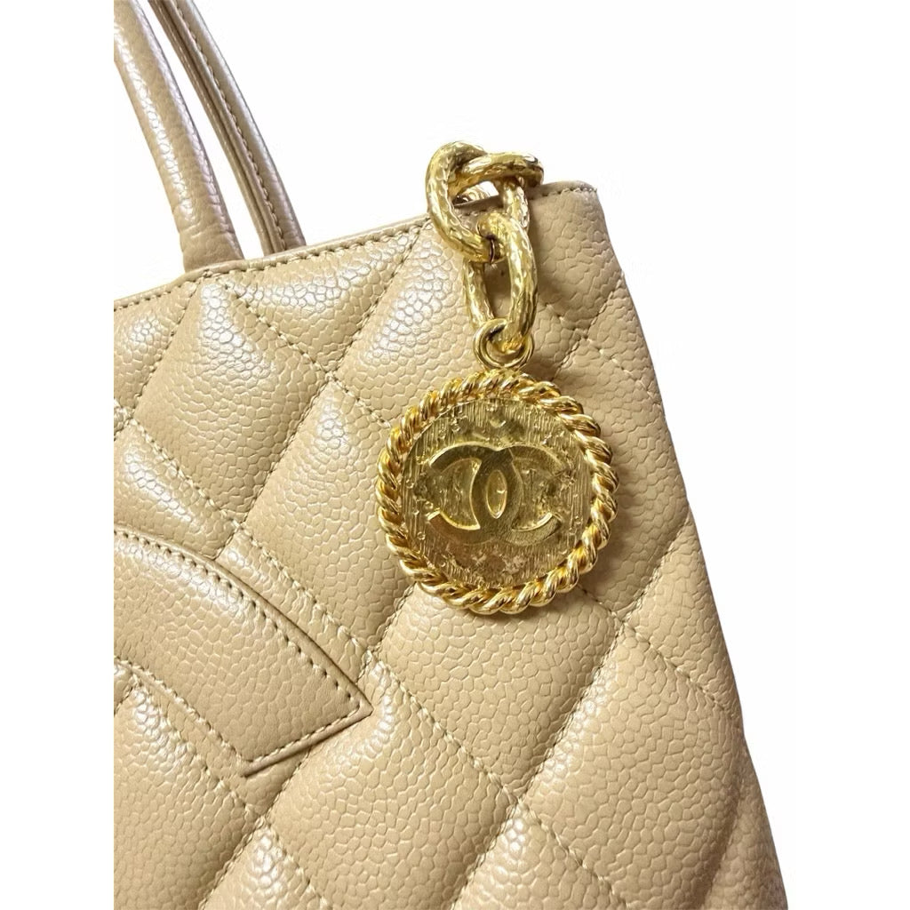 CHANEL 杏色 荔枝紋 牛皮 金幣包 手提包 保證正品