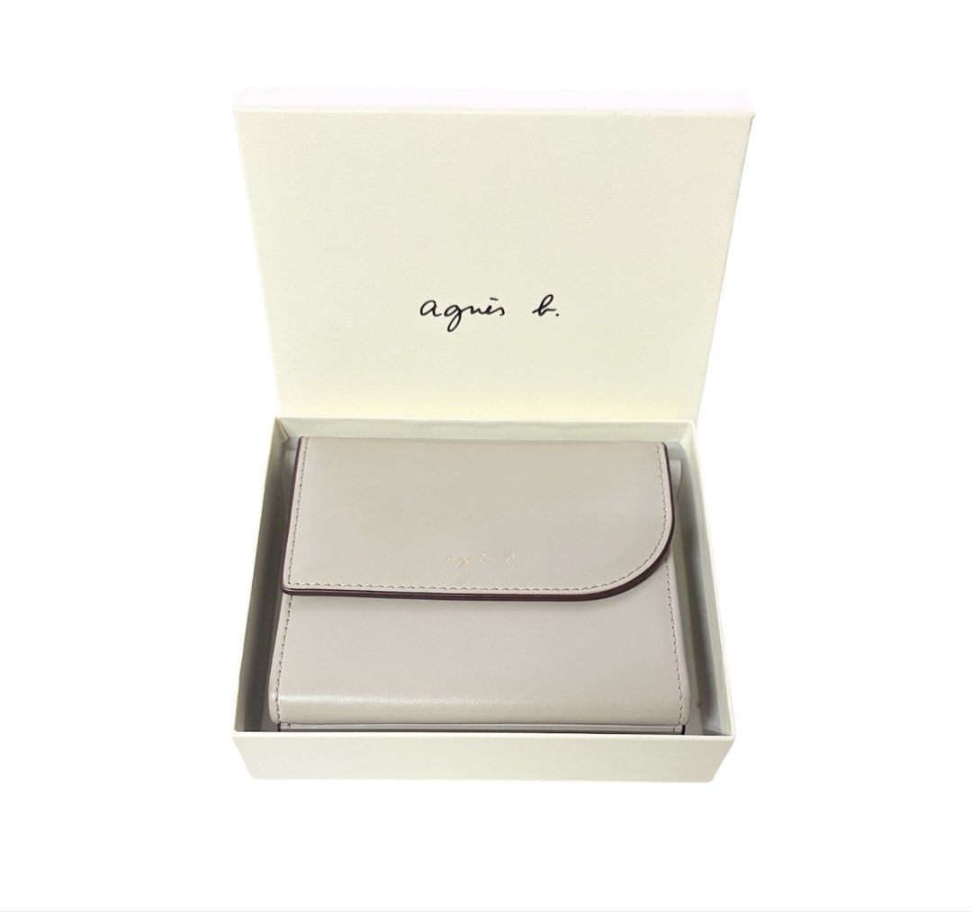 AGNES B. 米灰色 牛皮 圓弧 中夾 保證正品