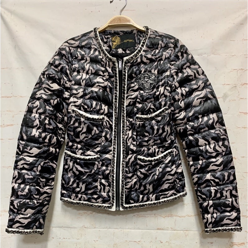 ED HARDY 黑灰豹紋爆裂花紋 羽絨鴨絨外套XS號