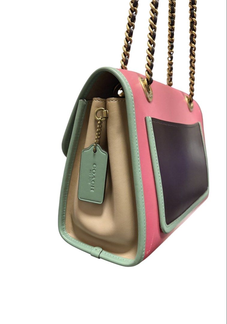 COACH 粉杏綠 拼接 掀蓋 旋鈕 肩背 斜背包 保證正品