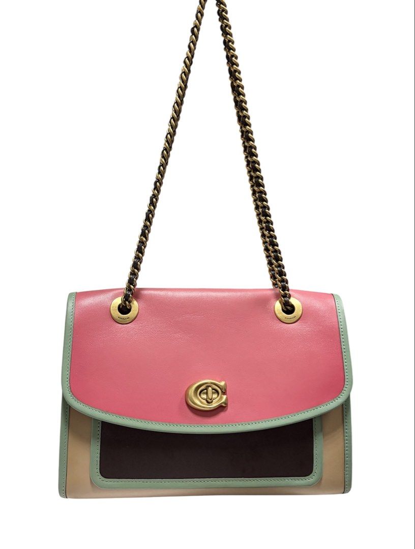COACH 粉杏綠 拼接 掀蓋 旋鈕 肩背 斜背包 保證正品