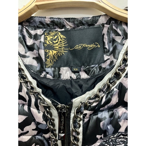 ED HARDY 黑灰豹紋爆裂花紋 羽絨鴨絨外套XS號