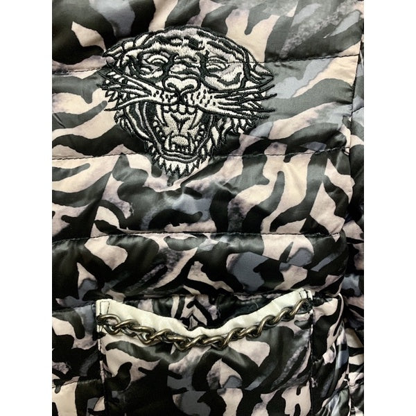 ED HARDY 黑灰豹紋爆裂花紋 羽絨鴨絨外套XS號