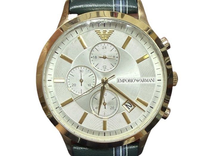 EMPORIO ARMANI 簡約線條綴飾皮革 三眼計時 男士 腕錶