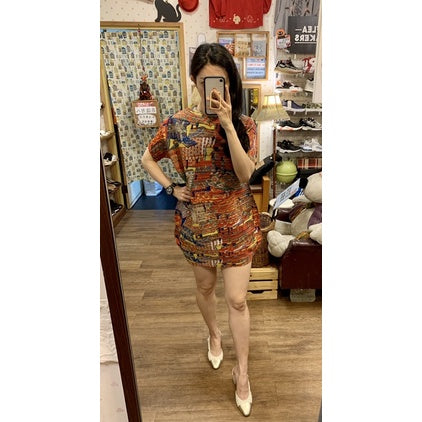 E-FONG 皺摺 印花 彈性伸縮 氣球洋裝 全新品 三宅 PP