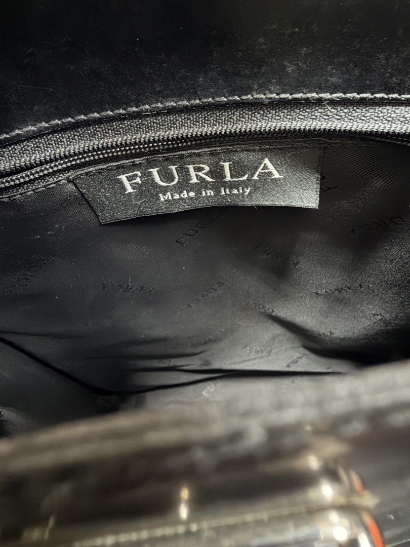 FURLA 黑色 復古 亮面 皮革 手提包