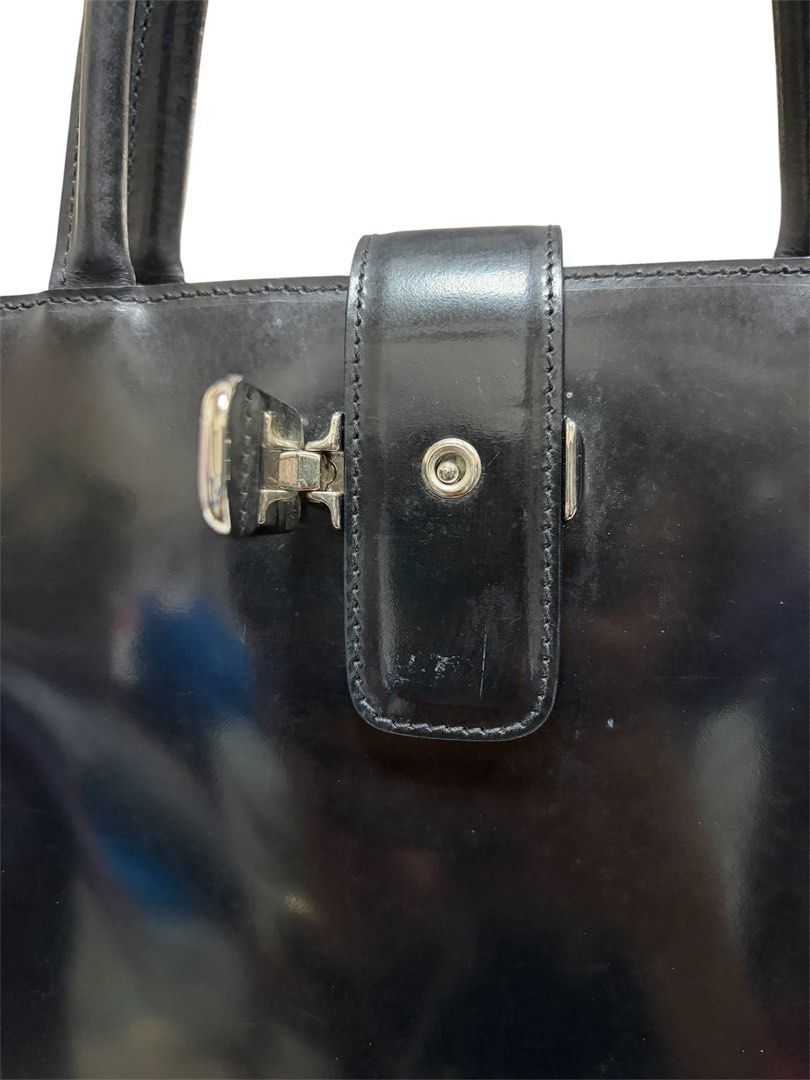 FURLA 黑色 復古 亮面 皮革 手提包