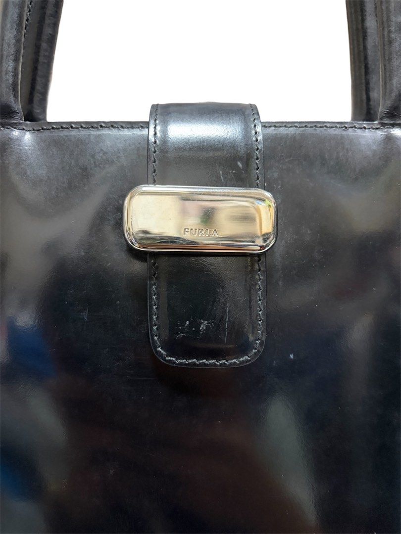 FURLA 黑色 復古 亮面 皮革 手提包