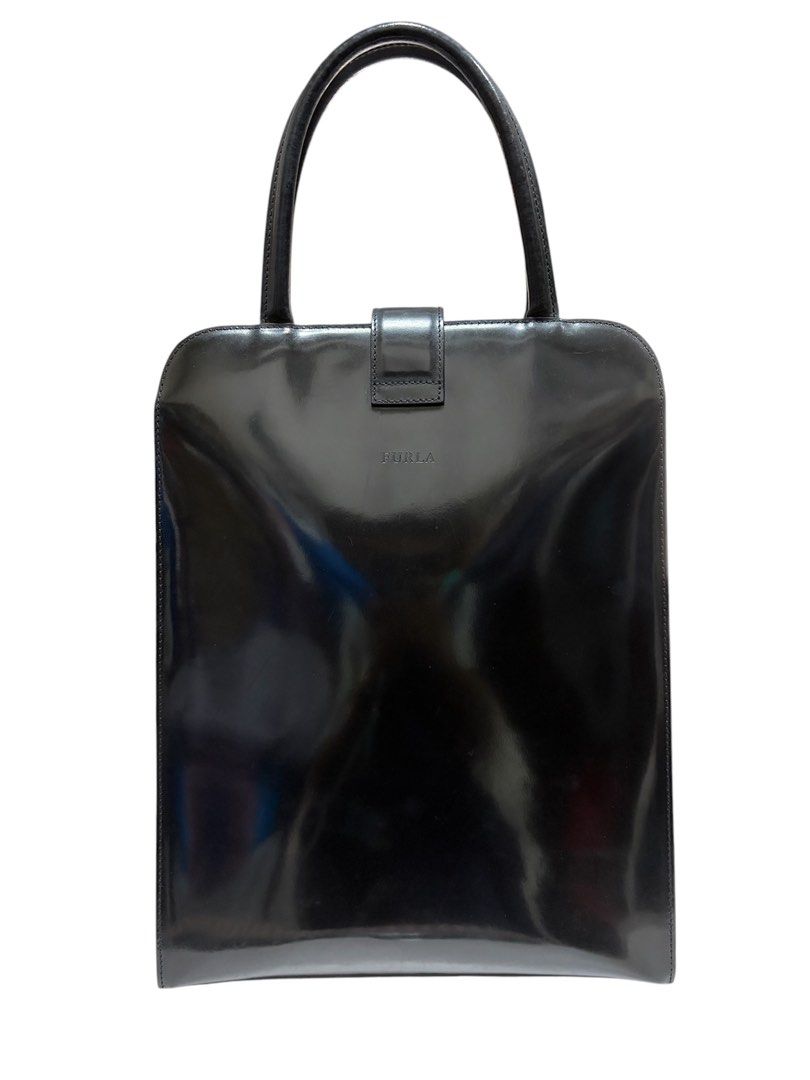 FURLA 黑色 復古 亮面 皮革 手提包