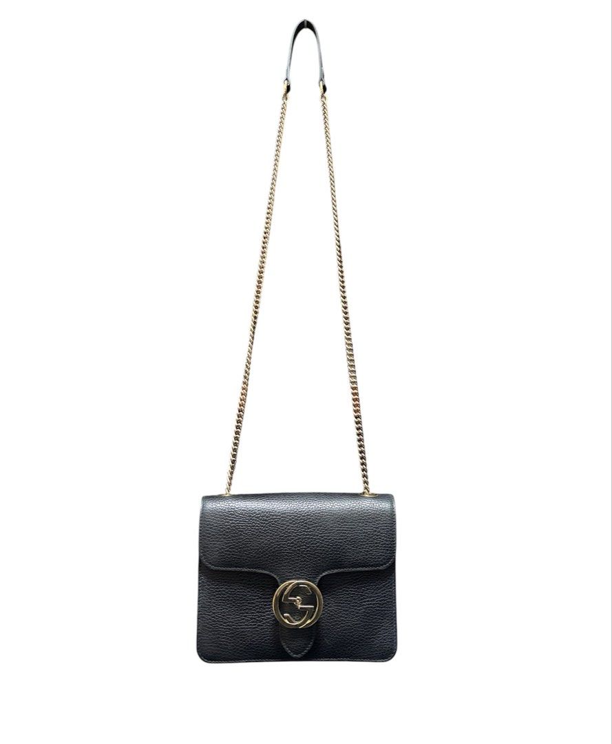 GUCCI 黑色 經典雙G金屬LOGO 牛皮 金鏈 夾層 翻釦 斜背包 保證正品