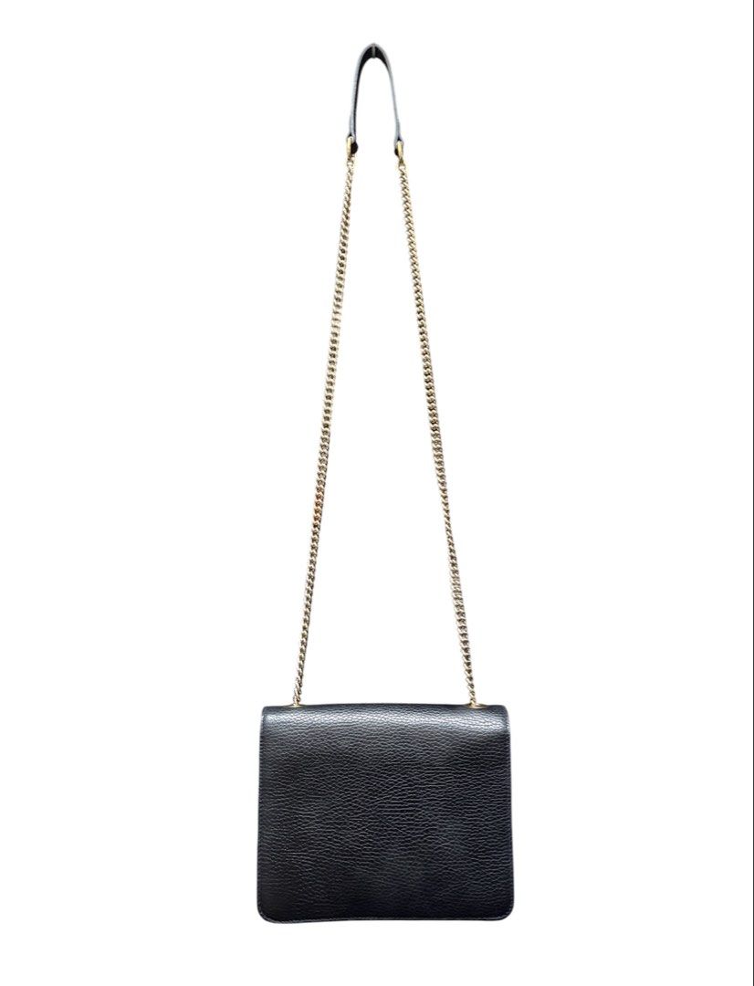 GUCCI 黑色 經典雙G金屬LOGO 牛皮 金鏈 夾層 翻釦 斜背包 保證正品