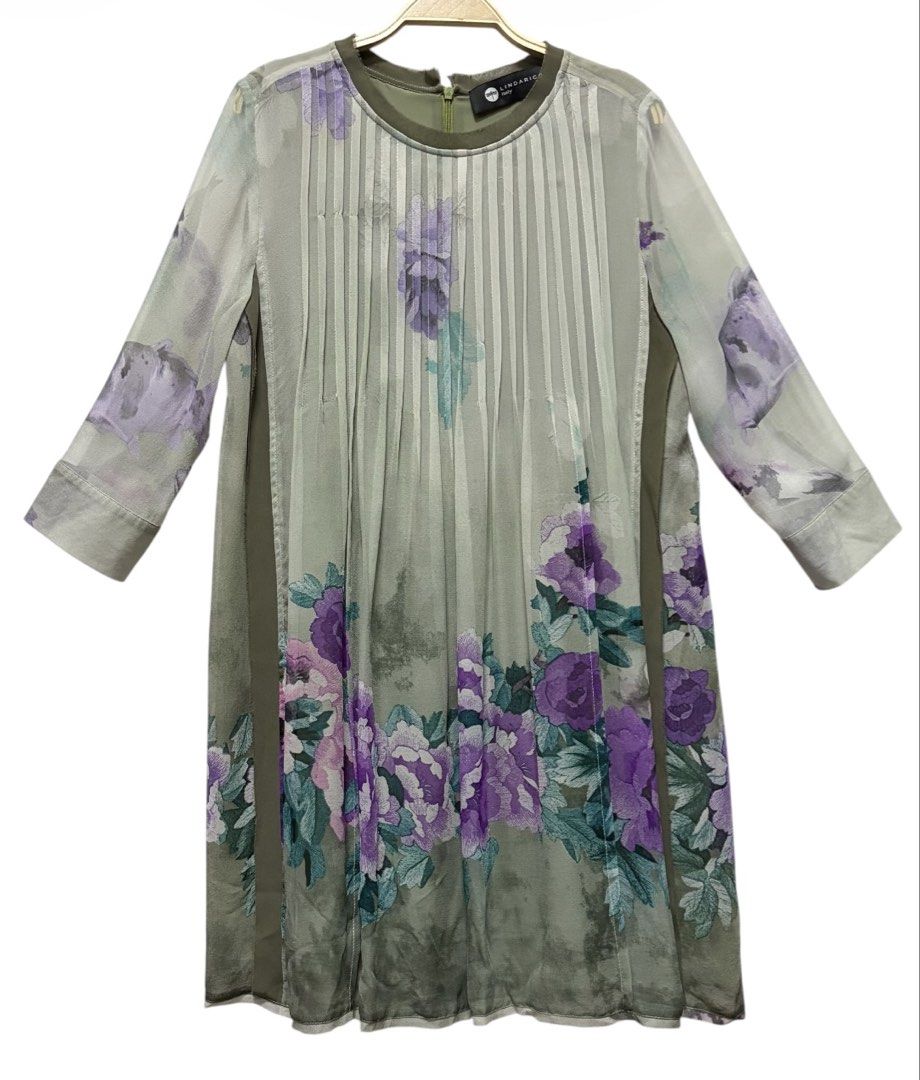 LINDARICO 花卉 絲質 七分袖 洋裝