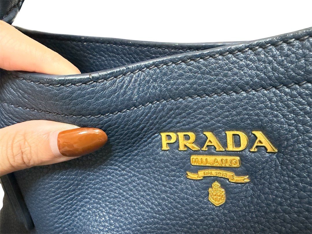 PRADA 深藍色 荔枝紋 牛皮 手提 肩背包 保證正品