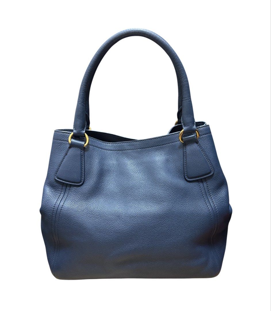 PRADA 深藍色 荔枝紋 牛皮 手提 肩背包 保證正品