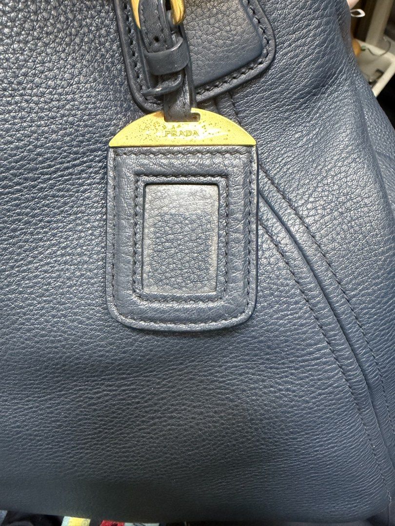 PRADA 深藍色 荔枝紋 牛皮 手提 肩背包 保證正品