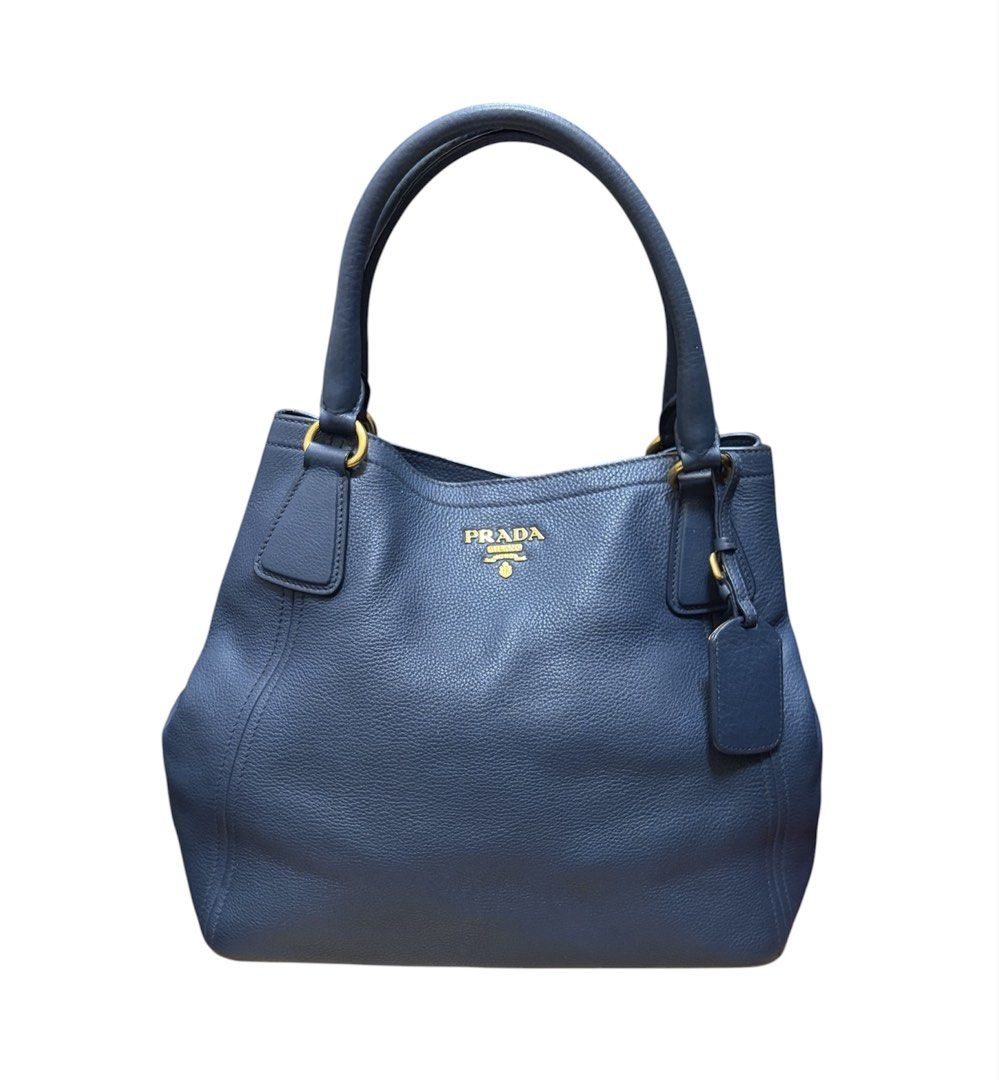 PRADA 深藍色 荔枝紋 牛皮 手提 肩背包 保證正品