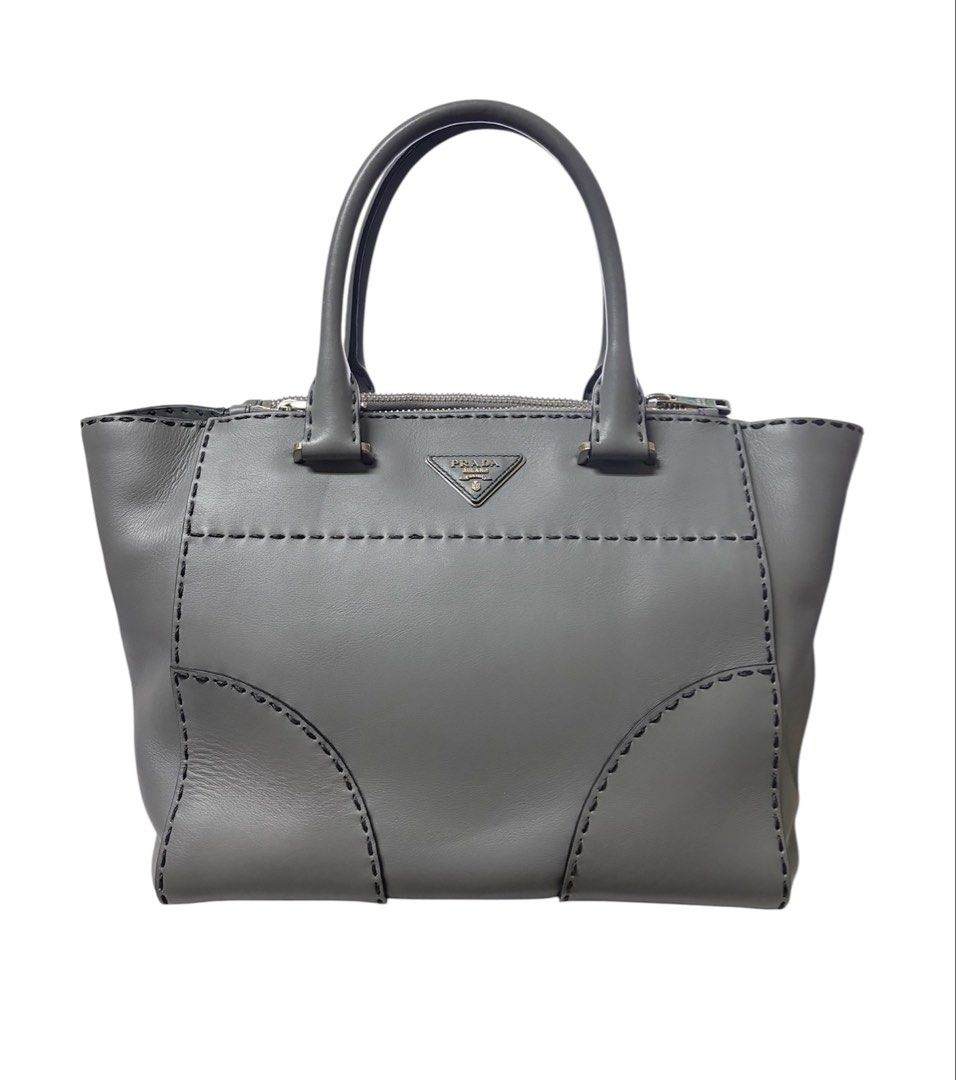 PRADA CITY CALF 灰色 皮革三角 銀色LOGO 手提 斜背 托特包 保證正品