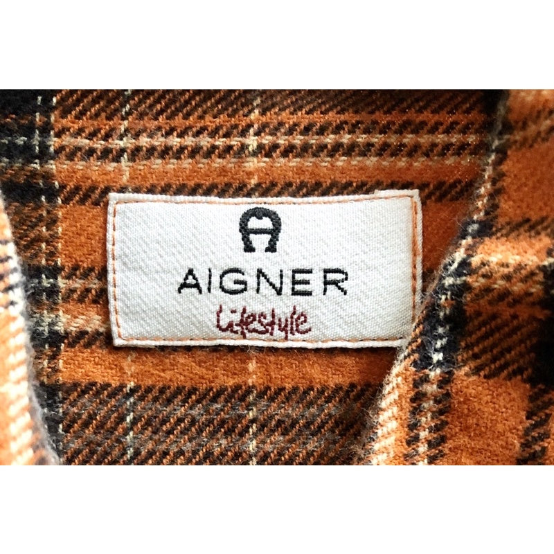 AIGNER 黑橘 長袖 格紋襯衫 胸前口袋造型