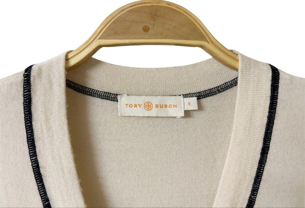 TORY BURCH 米白 深藍花草圖案 100%羊毛 針織外套 保證正品