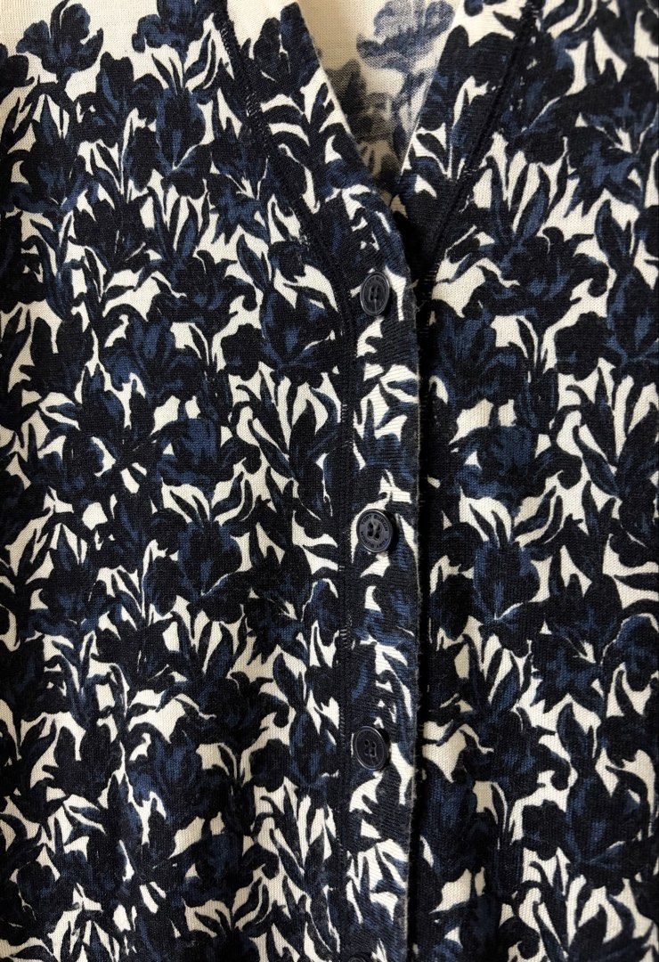 TORY BURCH 米白 深藍花草圖案 100%羊毛 針織外套 保證正品
