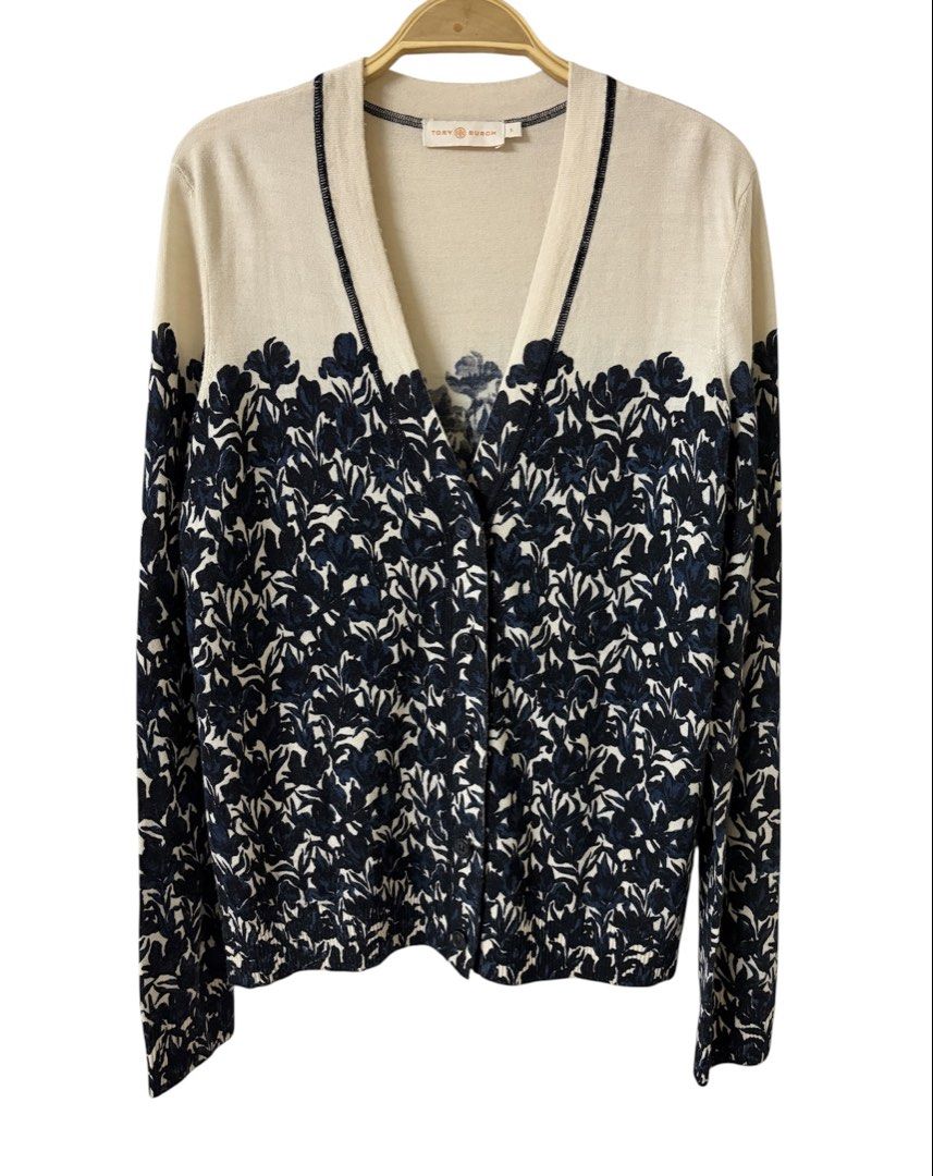TORY BURCH 米白 深藍花草圖案 100%羊毛 針織外套 保證正品