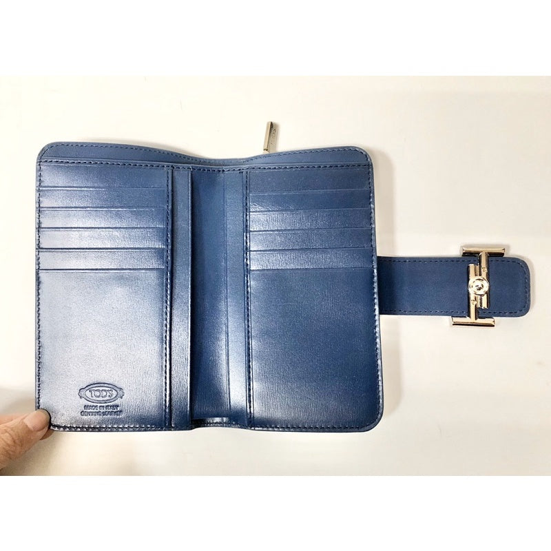 TOD’S 藍色 經典雙T 真皮 中夾 皮夾 多卡位 有盒 保證正品