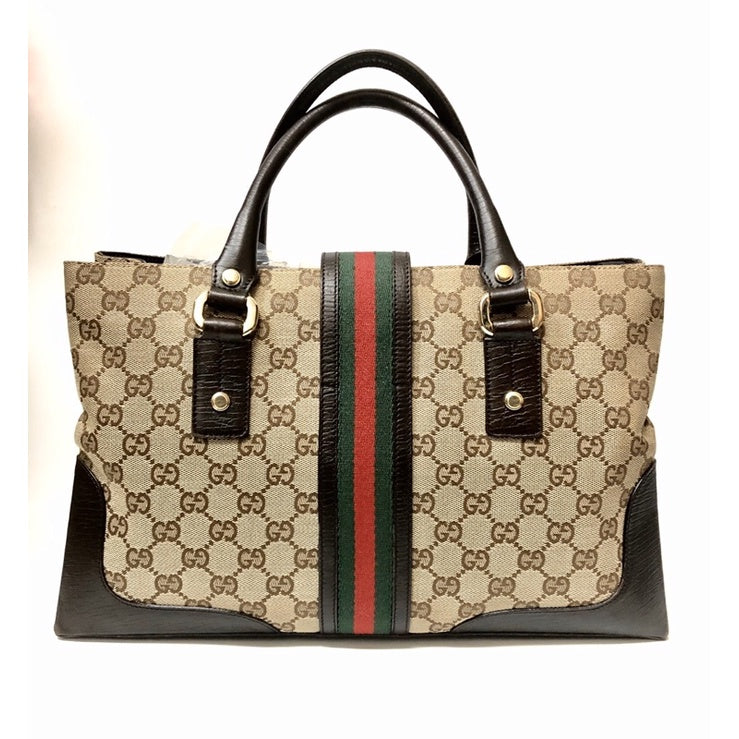 GUCCI 131325 老花 紅綠織帶 真皮 三層 手提包  保證正品