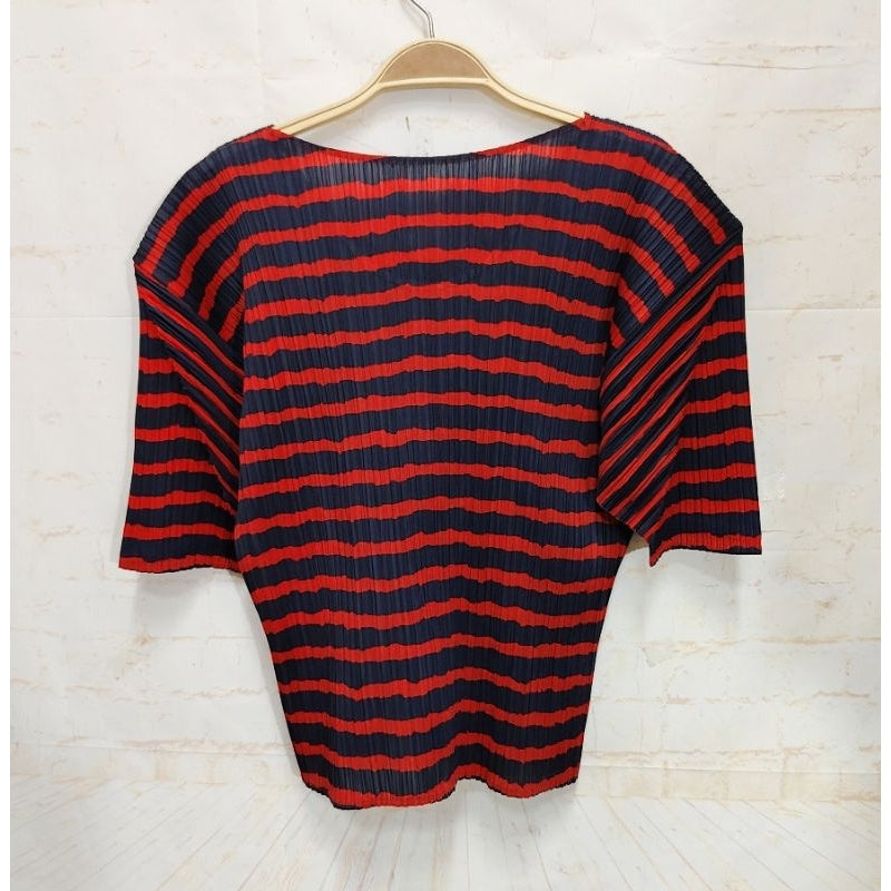 PLEATS PLEASE PP ISSEY MIYAKE 三宅 摺衣 皺褶 短袖 花邊 上衣 藍紅 條紋 保證正品