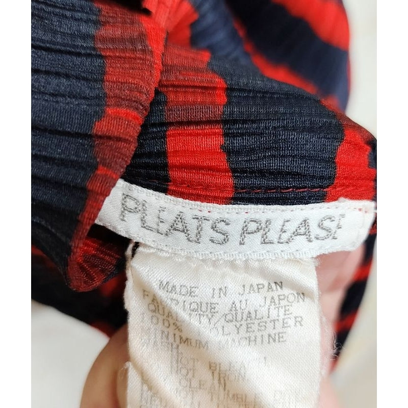 PLEATS PLEASE PP ISSEY MIYAKE 三宅 摺衣 皺褶 短袖 花邊 上衣 藍紅 條紋 保證正品