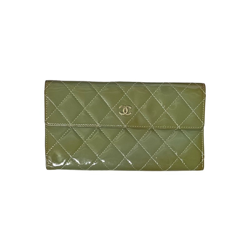 CHANEL 香奈兒 漆皮 扣式長夾 綠色 保證正品