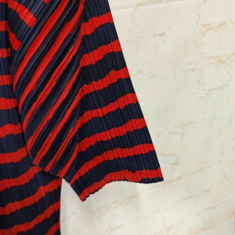 PLEATS PLEASE PP ISSEY MIYAKE 三宅 摺衣 皺褶 短袖 花邊 上衣 藍紅 條紋 保證正品