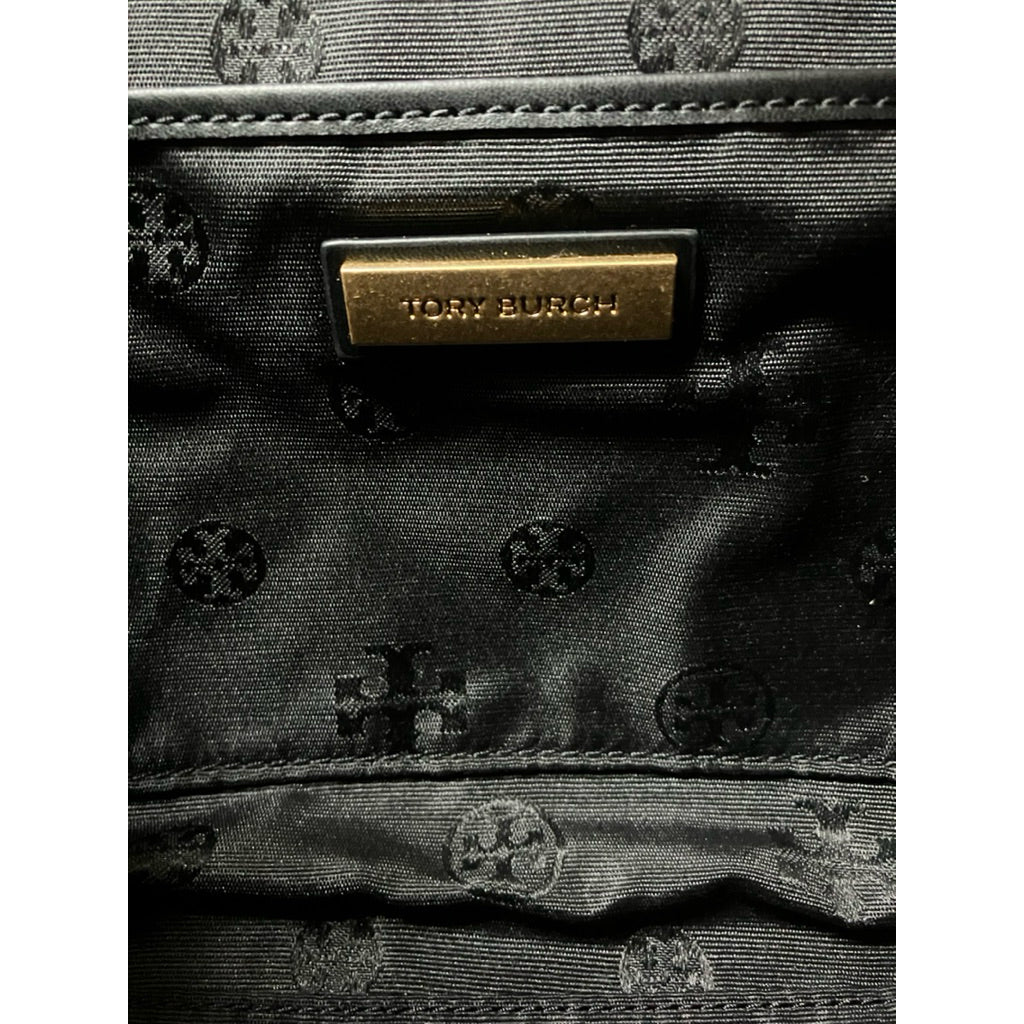 TORY BURCH WILLA 菱格紋翻蓋束口後背包 金釦黑 保證正品