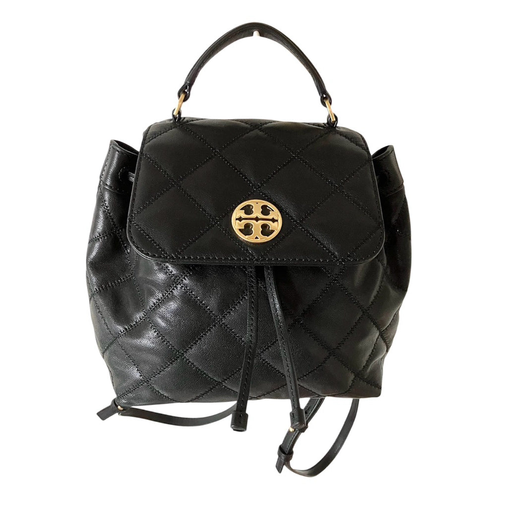 TORY BURCH WILLA 菱格紋翻蓋束口後背包 金釦黑 保證正品