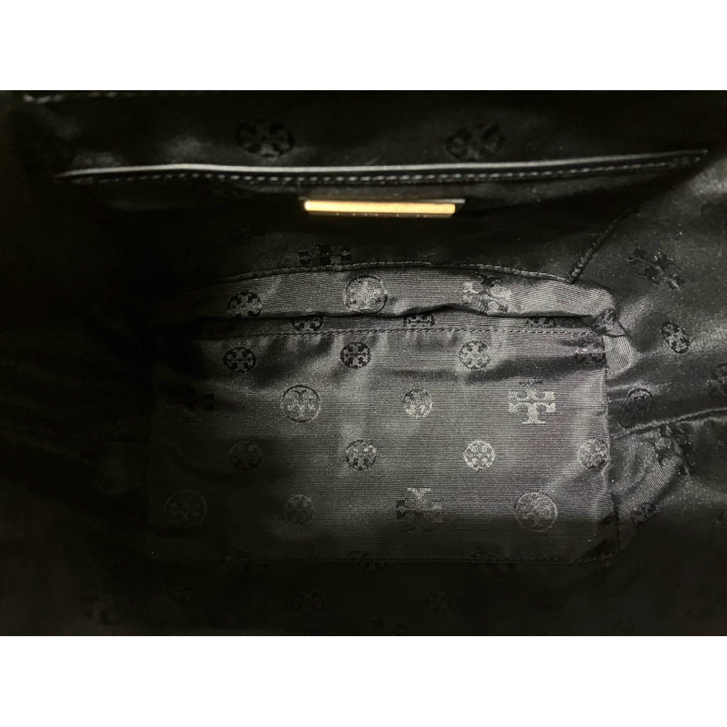 TORY BURCH WILLA 菱格紋翻蓋束口後背包 金釦黑 保證正品