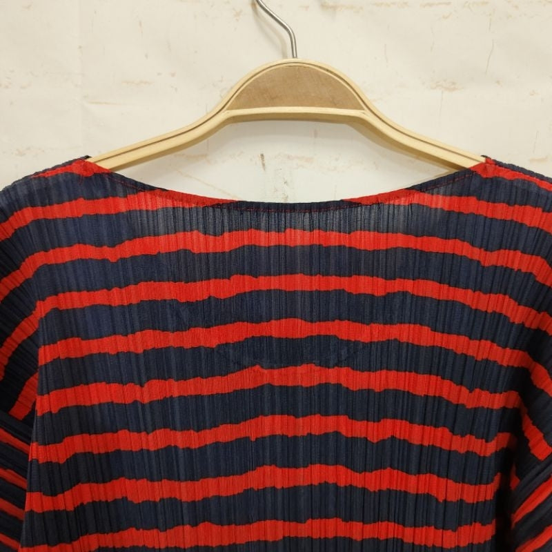 PLEATS PLEASE PP ISSEY MIYAKE 三宅 摺衣 皺褶 短袖 花邊 上衣 藍紅 條紋 保證正品