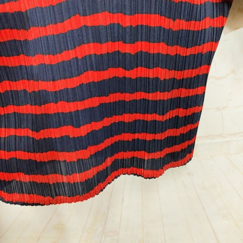 PLEATS PLEASE PP ISSEY MIYAKE 三宅 摺衣 皺褶 短袖 花邊 上衣 藍紅 條紋 保證正品