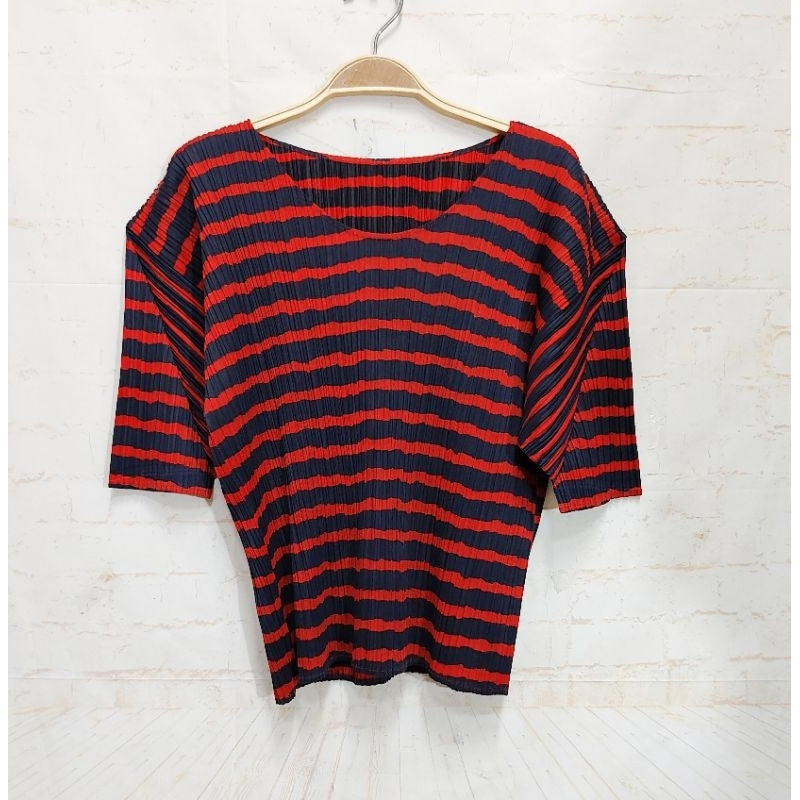 PLEATS PLEASE PP ISSEY MIYAKE 三宅 摺衣 皺褶 短袖 花邊 上衣 藍紅 條紋 保證正品