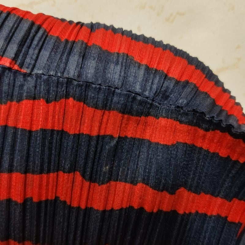 PLEATS PLEASE PP ISSEY MIYAKE 三宅 摺衣 皺褶 短袖 花邊 上衣 藍紅 條紋 保證正品