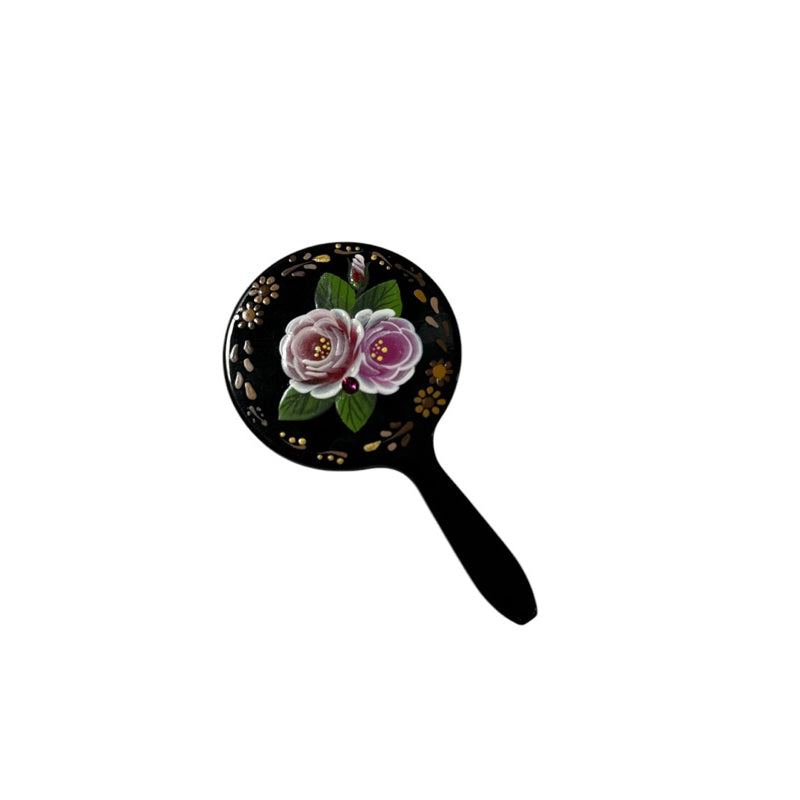日本製 手繪 花卉 迷你 手拿鏡 含蕾絲收納袋