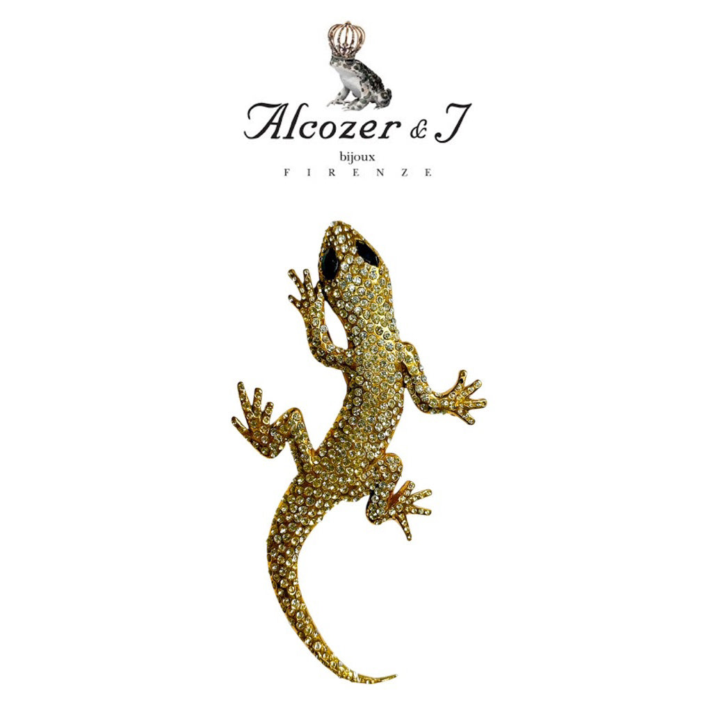 ALCOZER & J 復古 金 滿鑽 超大 別針 胸針 壁虎🦎義大利 佛羅倫斯品牌🇮🇹