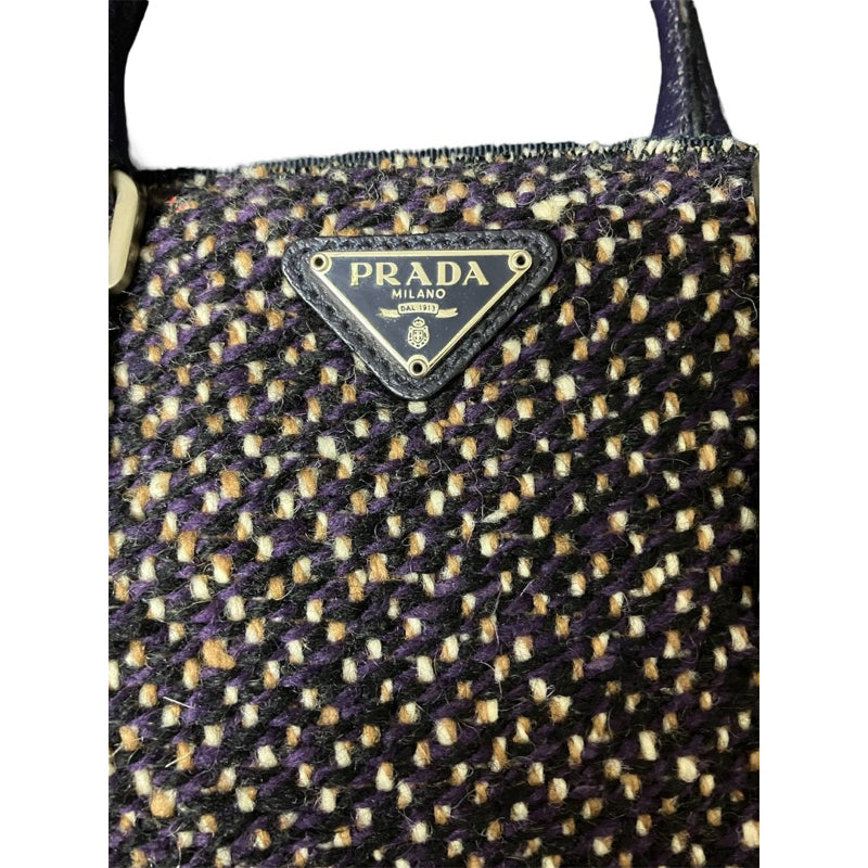 PRADA 方形毛呢手提包 黑紫 保證正品