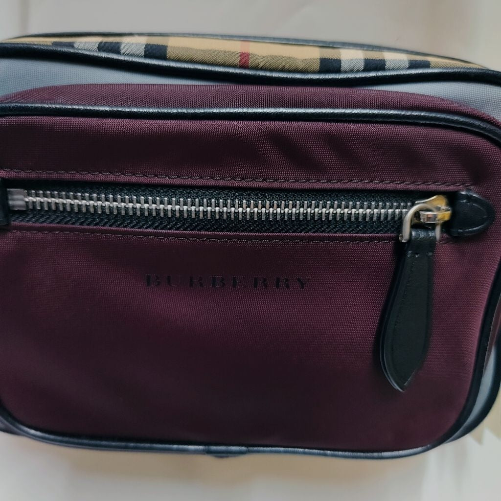 BURBERRY 博伯利 尼龍 相機包 深紫色 斜背包 肩背包 條紋 保證正品