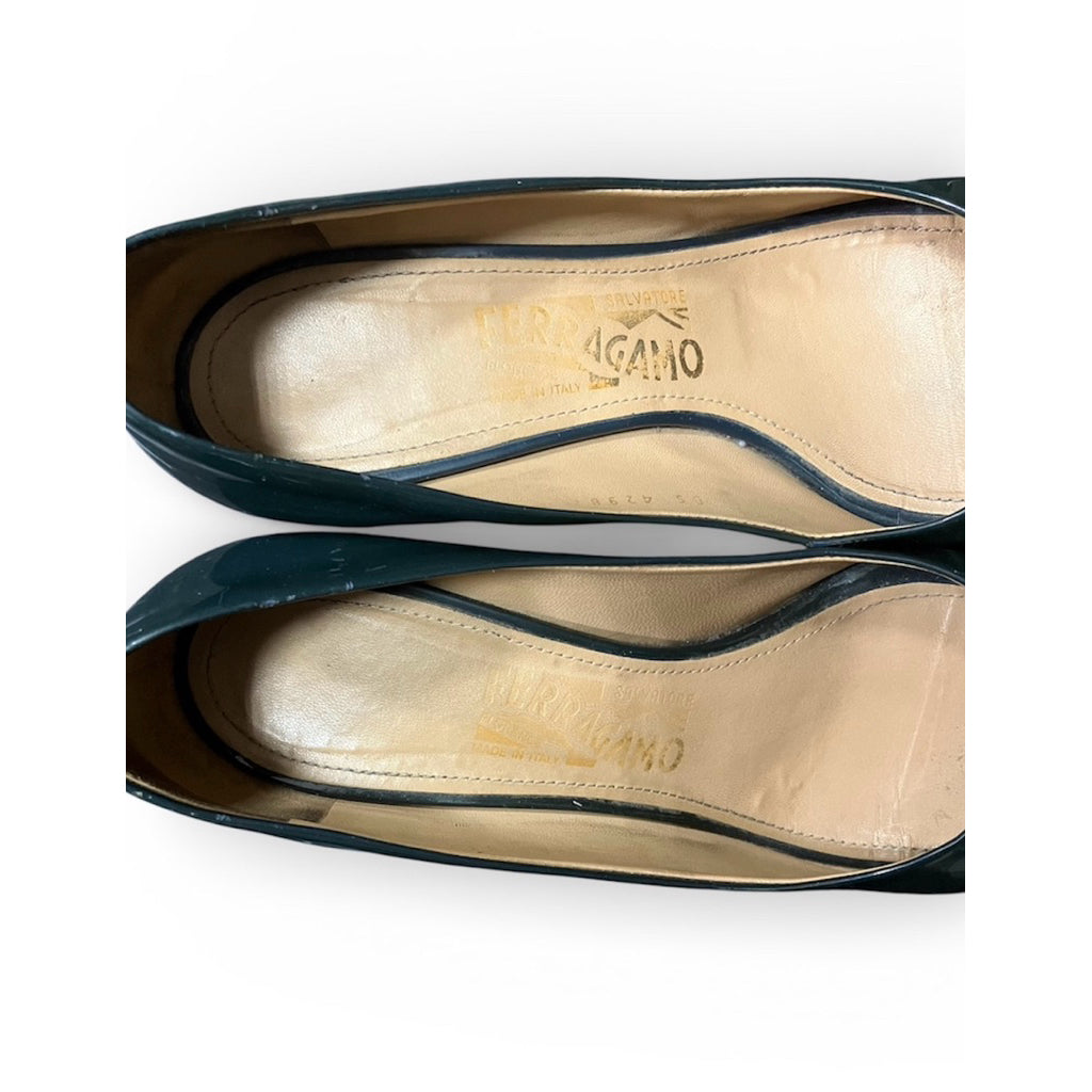 FERRAGAMO 菲拉格慕 綠色 漆皮 魚口 楔形鞋