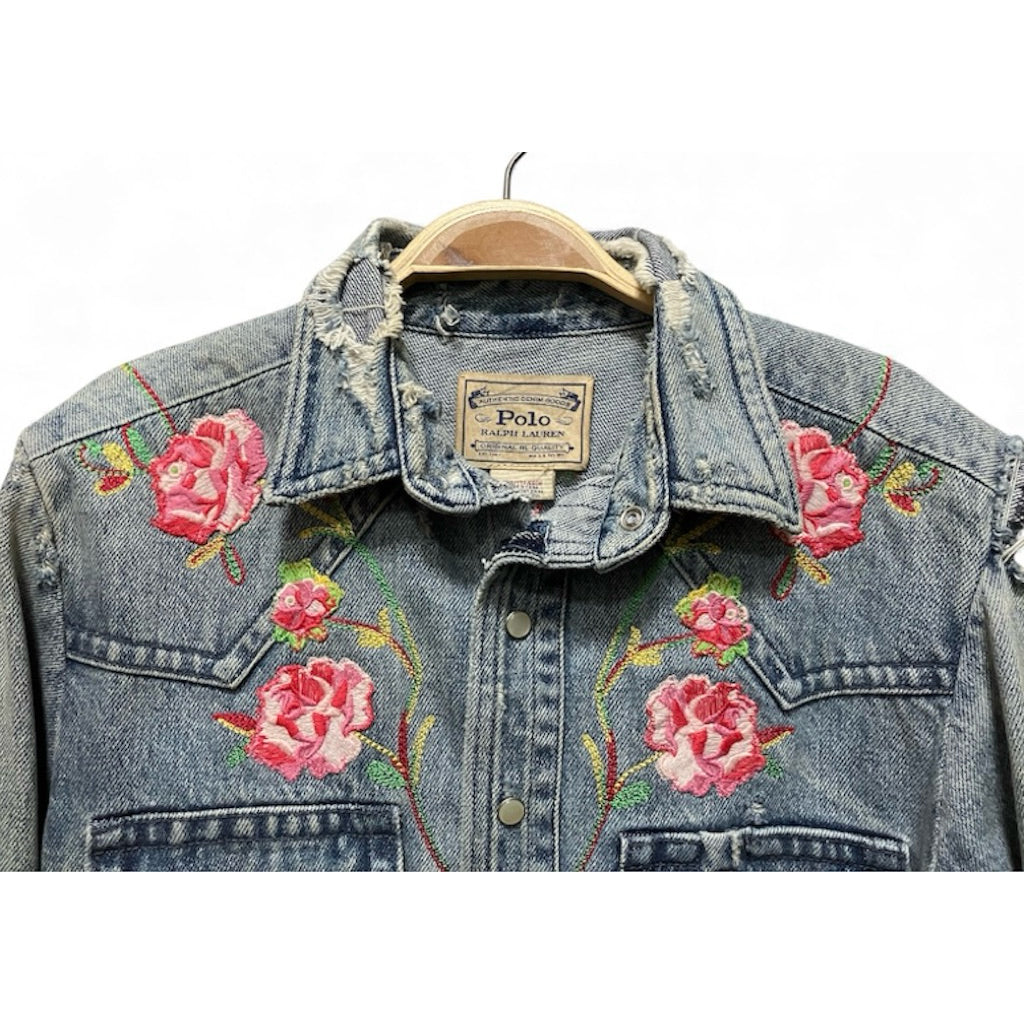 POLO RALPH LAUREN 花朵 刺繡 刷破 牛仔外套