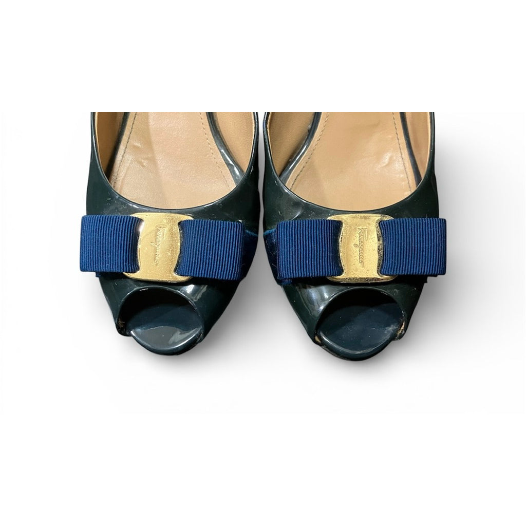 FERRAGAMO 菲拉格慕 綠色 漆皮 魚口 楔形鞋