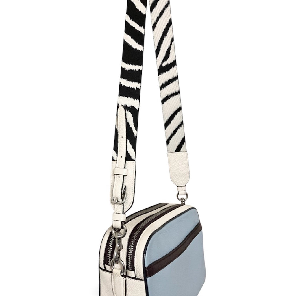 COACH 藍白跳色 真皮 粗背帶 相機包 保證正品